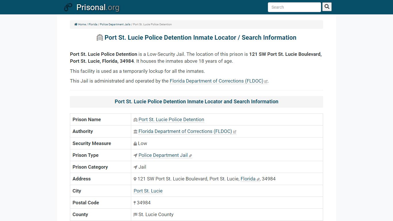 Port St. Lucie Police Detention-Inmate Locator/Search Info ...